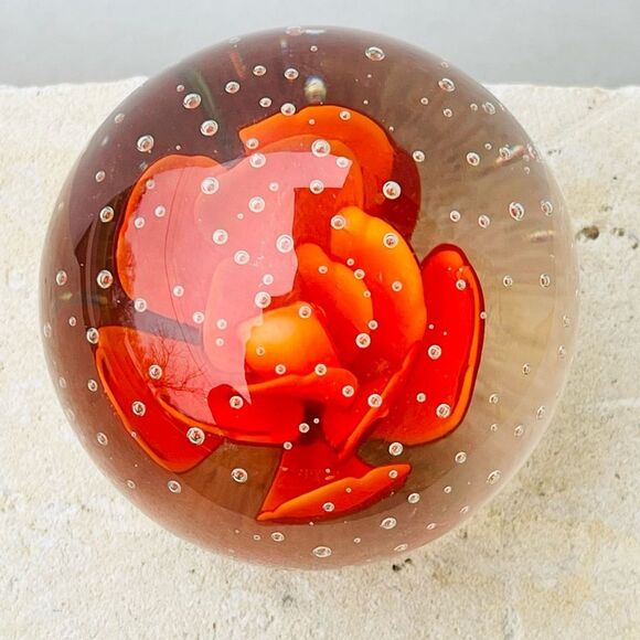 Vintage Orange Flower Bubble Clear Art Glass Round Paper Weight - Picture 10 of 16
